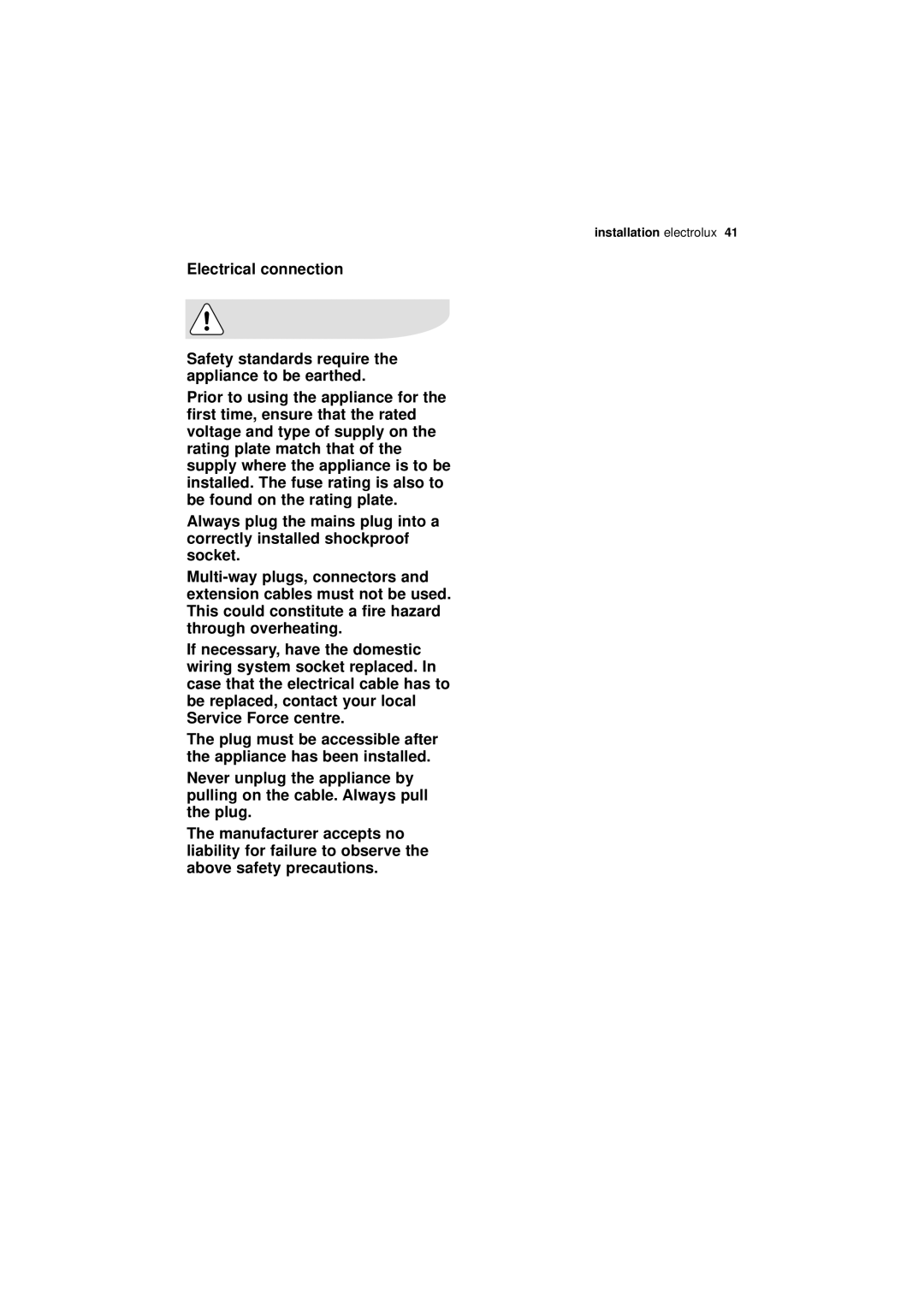 Electrolux ESI 66010 user manual Electrical connection 