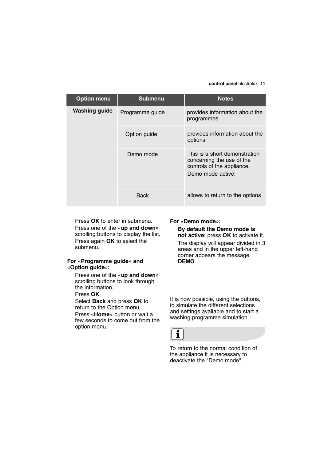 Electrolux ESI 68050 user manual Option menu Washing guide Submenu, For «Programme guide» and «Option guide» 