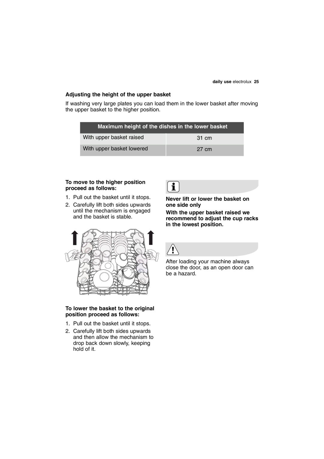 Electrolux ESI 68050 user manual Adjusting the height of the upper basket, Maximum height of the dishes in the lower basket 