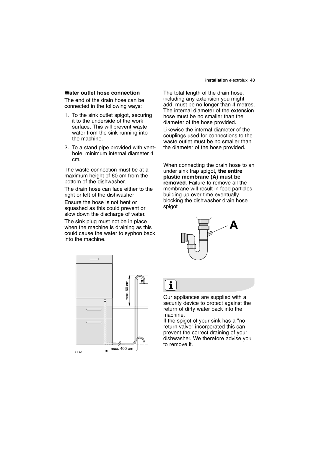 Electrolux ESI 68050 user manual Water outlet hose connection 