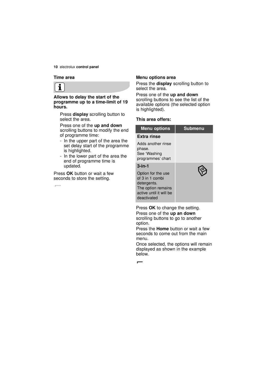 Electrolux ESI 68850 user manual Menu options area, This area offers, Menu options Submenu, Extra rinse, In-1 