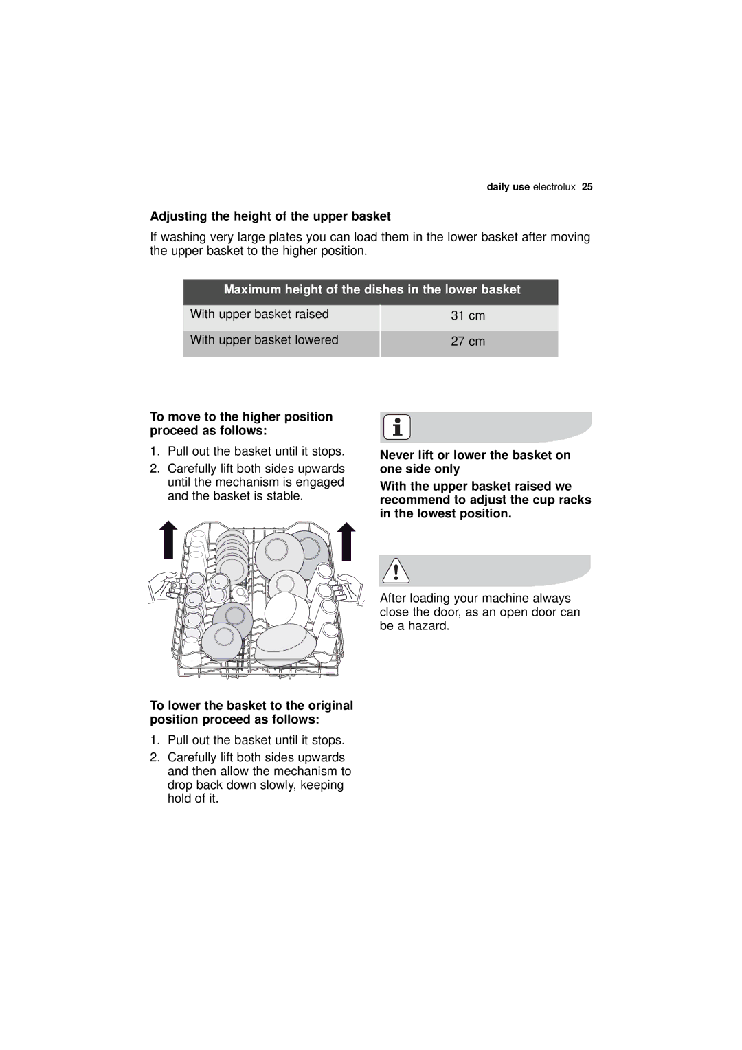 Electrolux ESI 68850 user manual Adjusting the height of the upper basket, Maximum height of the dishes in the lower basket 