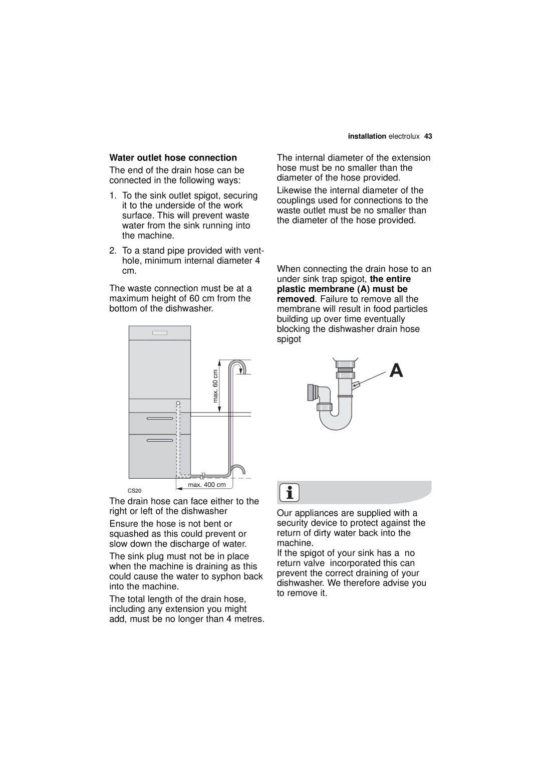 Electrolux ESI 68850 user manual Water outlet hose connection 