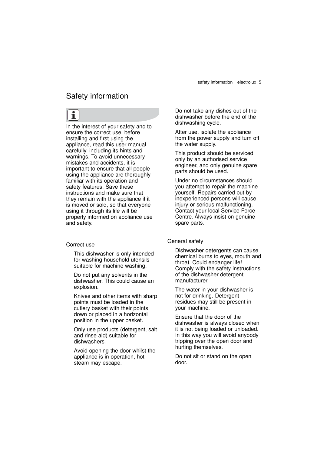 Electrolux ESI 68850 user manual Safety information, Correct use, General safety 