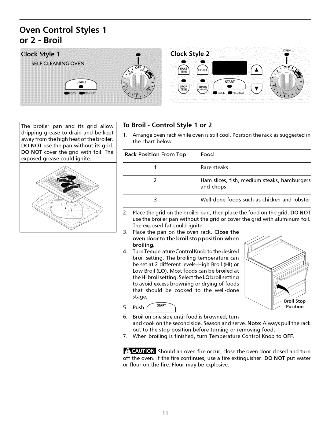 Electrolux ESII important safety instructions Oven Control Styles 1 or 2 Broil, Clock Style, To Broil Control Style 1 or 