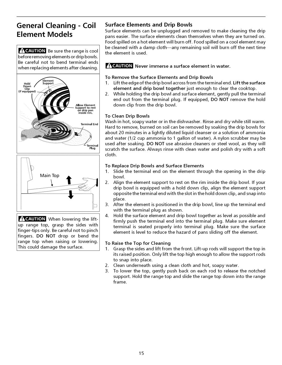 Electrolux ESII General Cleaning Coil Element Models, Main Top t, Surface Elements and Drip Bowls 