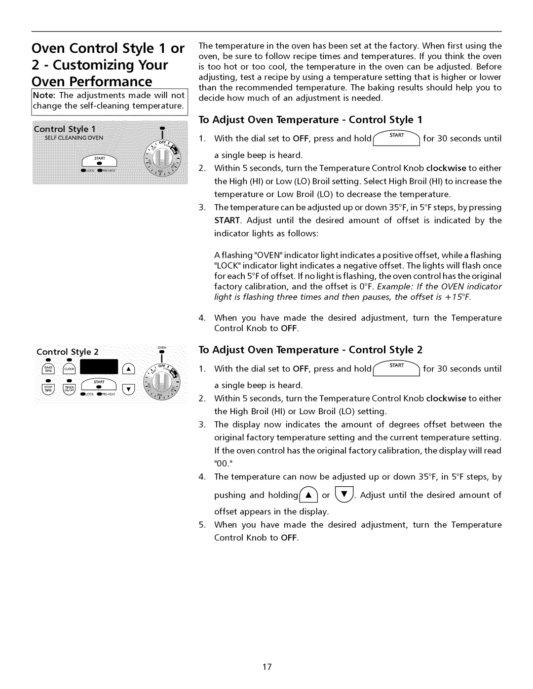 Electrolux ESII Oven Control Style 1 or Customizing Your Oven Performance, To Adjust Oven Temperature Control Style 