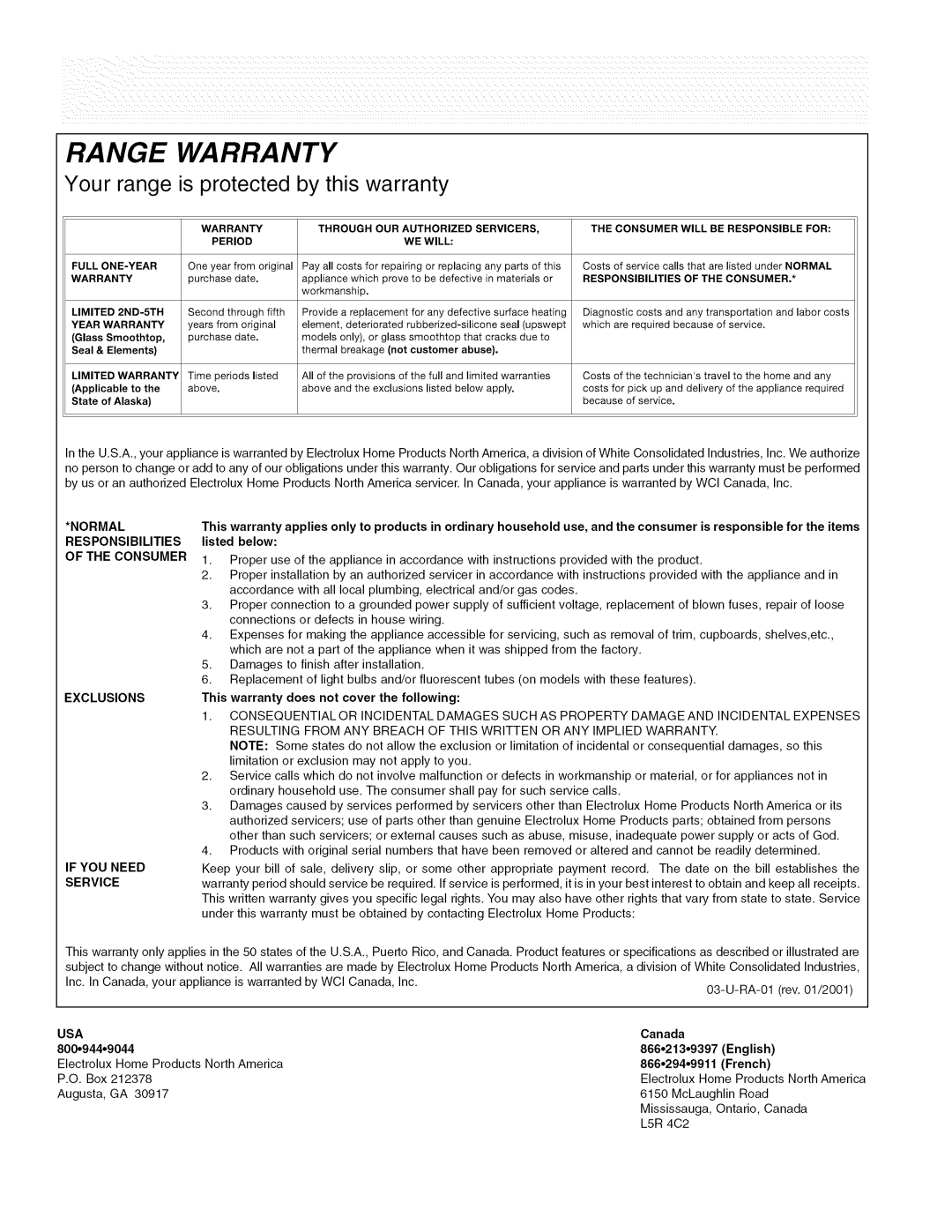 Electrolux ESII important safety instructions Range Warranty 