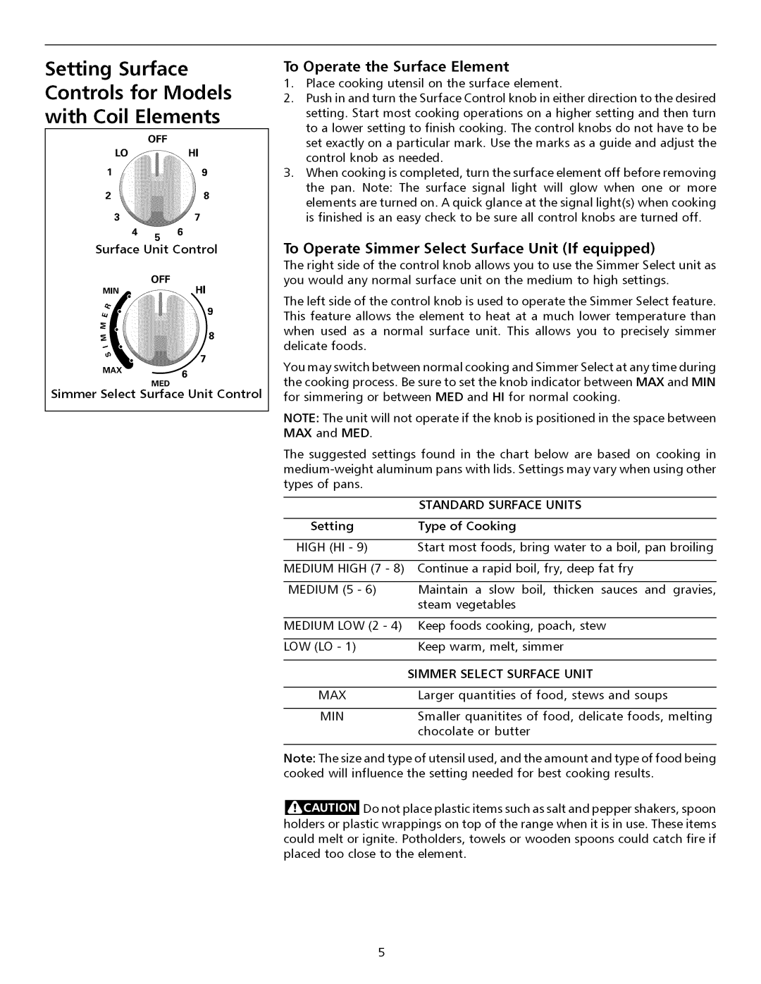 Electrolux ESII Setting Surface Controls for Models With Coil Elements, To Operate the Surface Element 