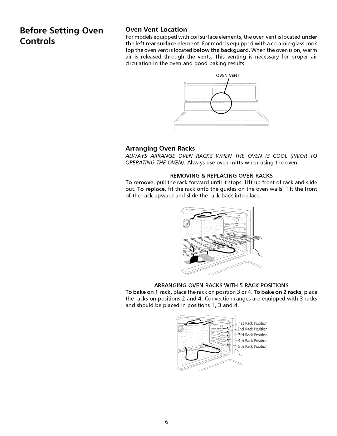 Electrolux ESI Before Setting Oven Controls, Oven Vent Location, Arranging Oven Racks, Removing & Replacing Oven Racks 