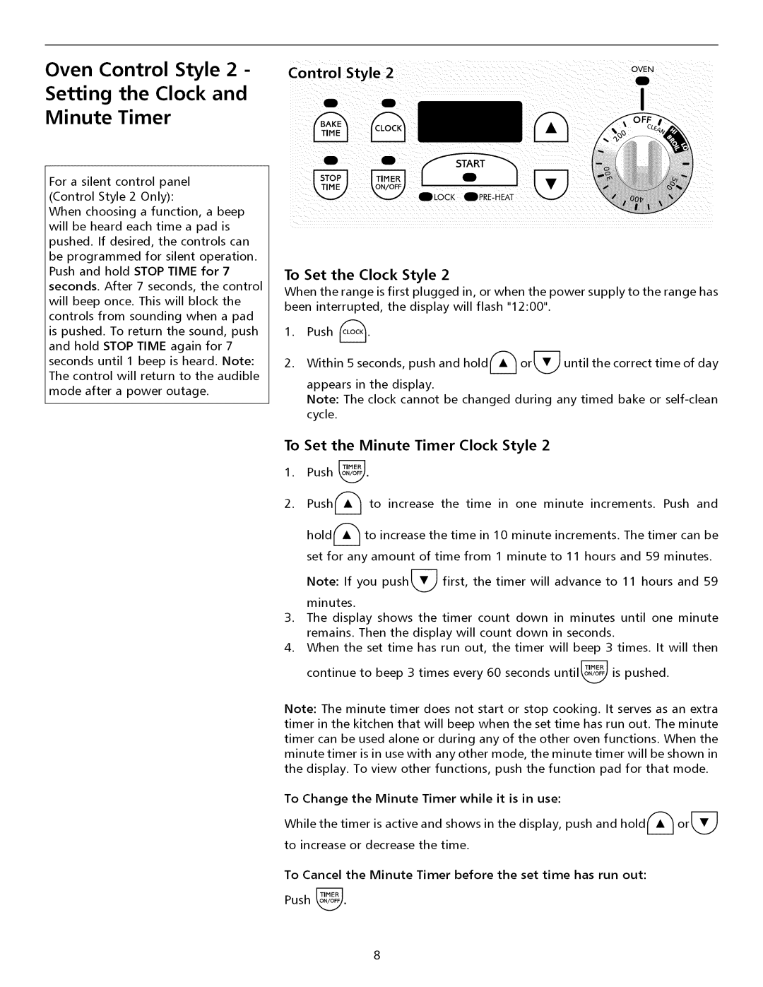 Electrolux ESII Oven Control Style Setting the Clock and Minute Timer, To Set the Clock Style 