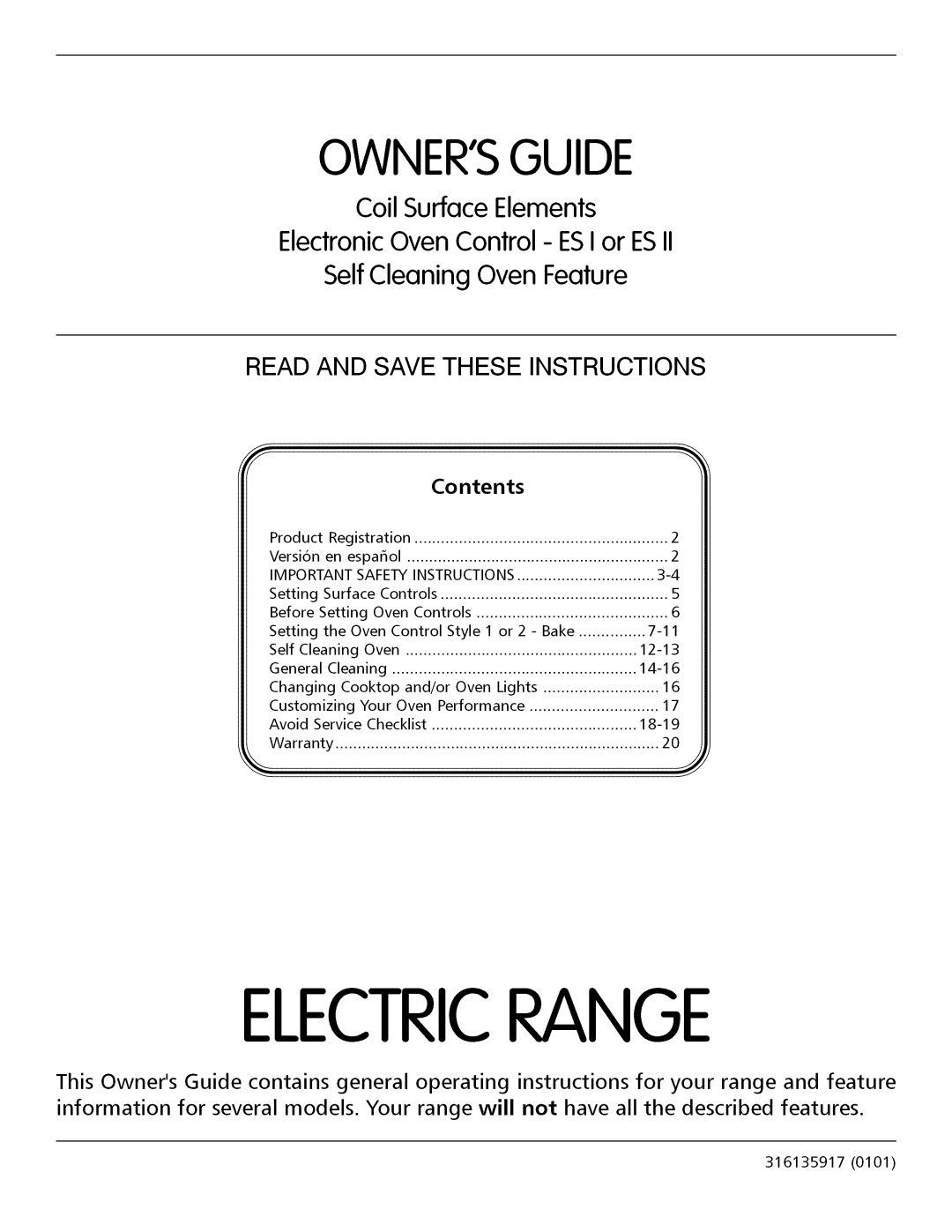Electrolux important safety instructions Coil Surface Elements, ElectronicOven Control - ESIor ESII, Electricrange 