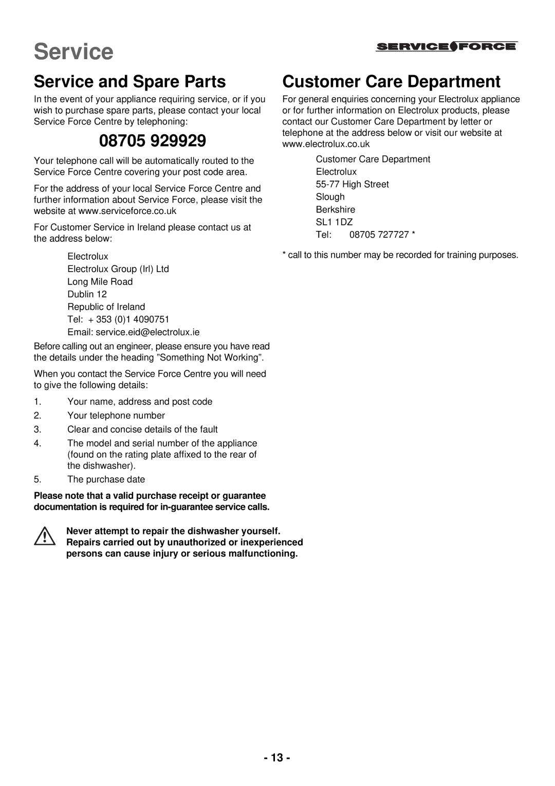 Electrolux ESL 2435 manual Service and Spare Parts 