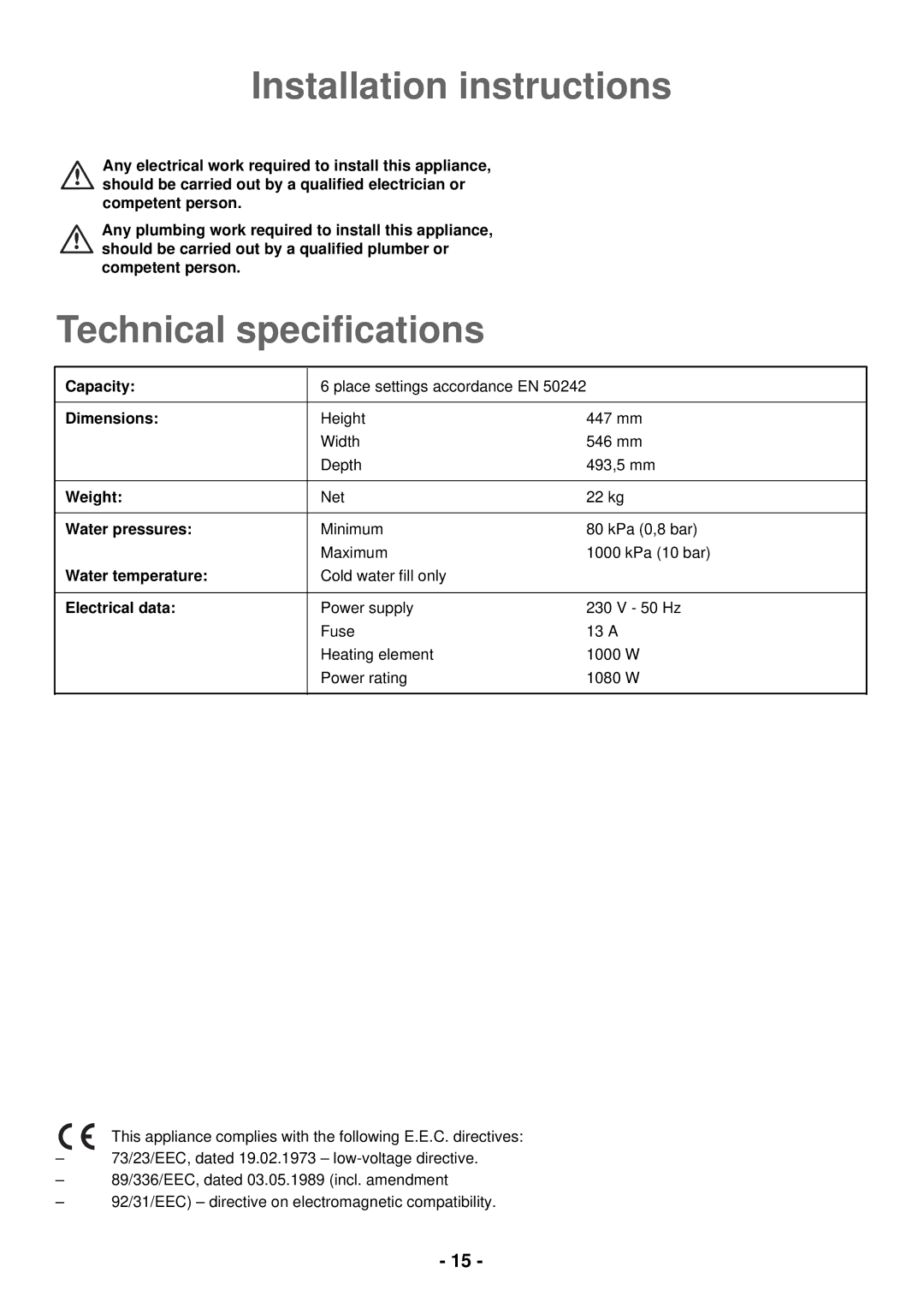 Electrolux ESL 2435 manual Installation instructions, Technical speciﬁcations 