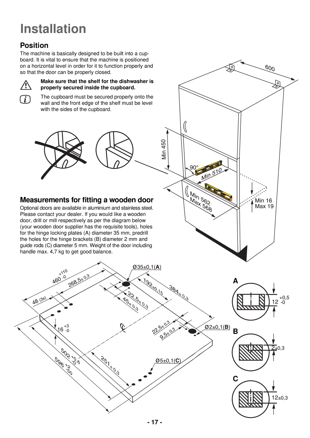 Electrolux ESL 2435 manual Installation, Position, Measurements for ﬁtting a wooden door 