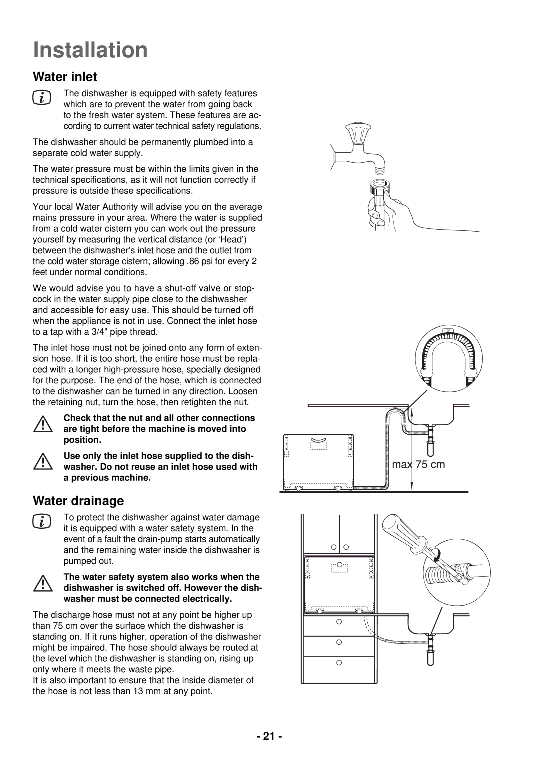 Electrolux ESL 2435 manual Water inlet, Water drainage 