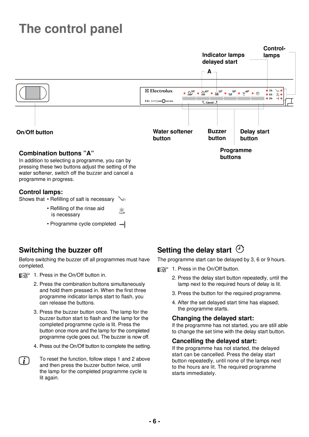 Electrolux ESL 2435 manual Control panel, Switching the buzzer off, Setting the delay start 