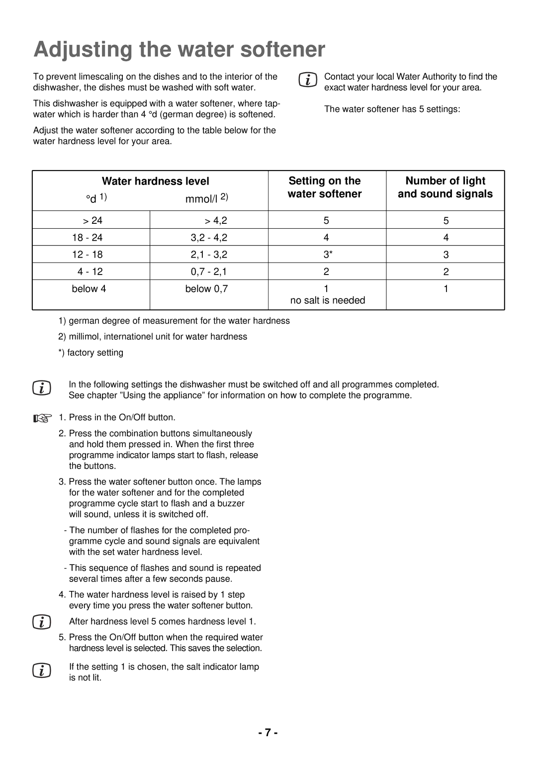 Electrolux ESL 2435 manual Adjusting the water softener, Water softener 