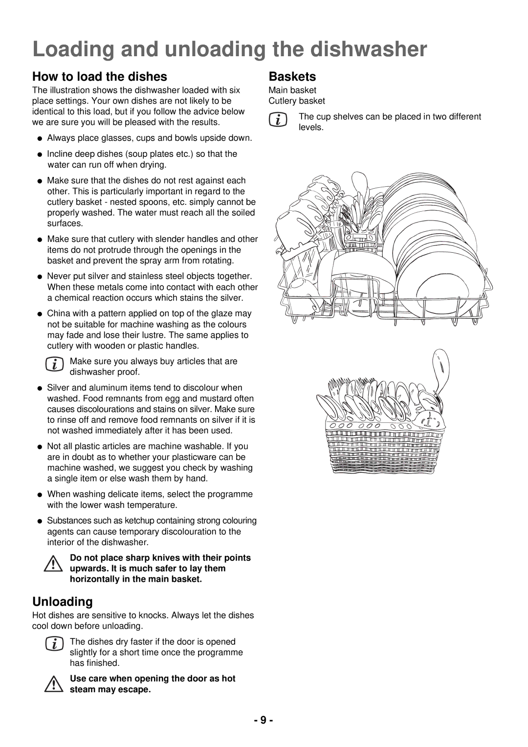 Electrolux ESL 2435 manual Loading and unloading the dishwasher, How to load the dishes, Unloading, Baskets 