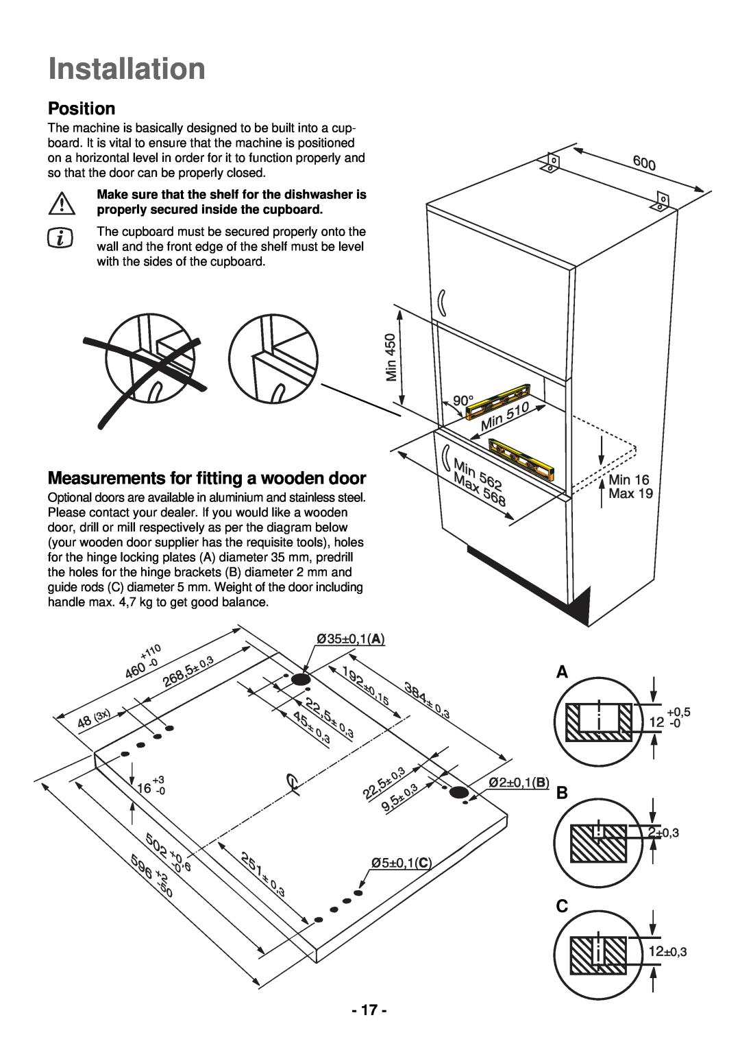 Electrolux ESL 2435 manual Installation, Position, Measurements for ﬁtting a wooden door, A B C 