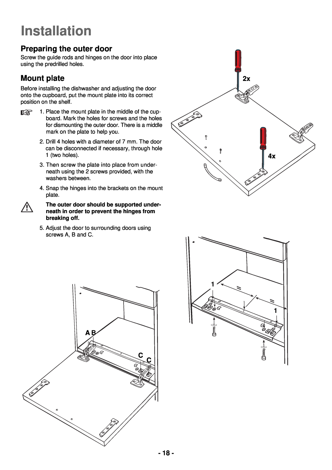 Electrolux ESL 2435 manual Preparing the outer door, Mount plate, 2x 4x, A B C, Installation 
