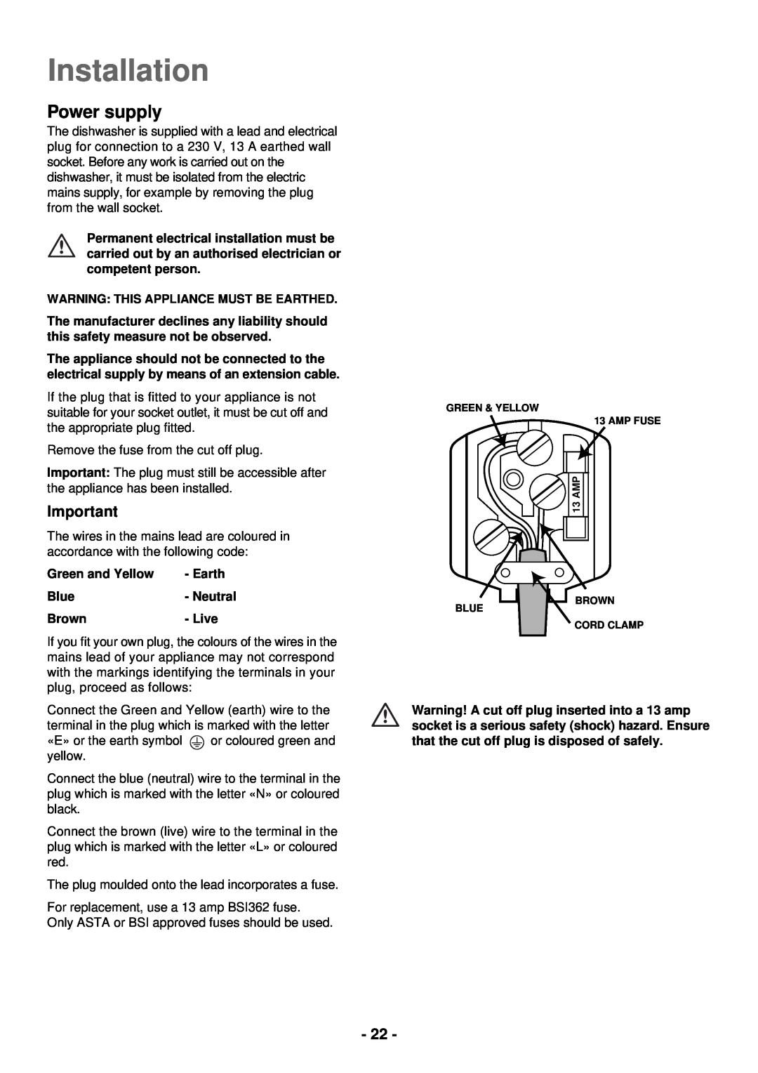 Electrolux ESL 2435 manual Power supply, Installation, Warning This Appliance Must Be Earthed, Green and Yellow 