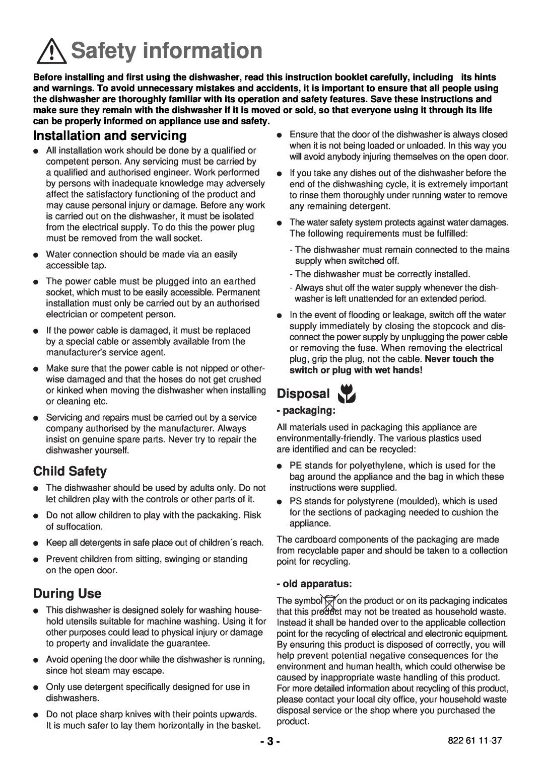 Electrolux ESL 2435 manual Safety information, Installation and servicing, Child Safety, Disposal, During Use 
