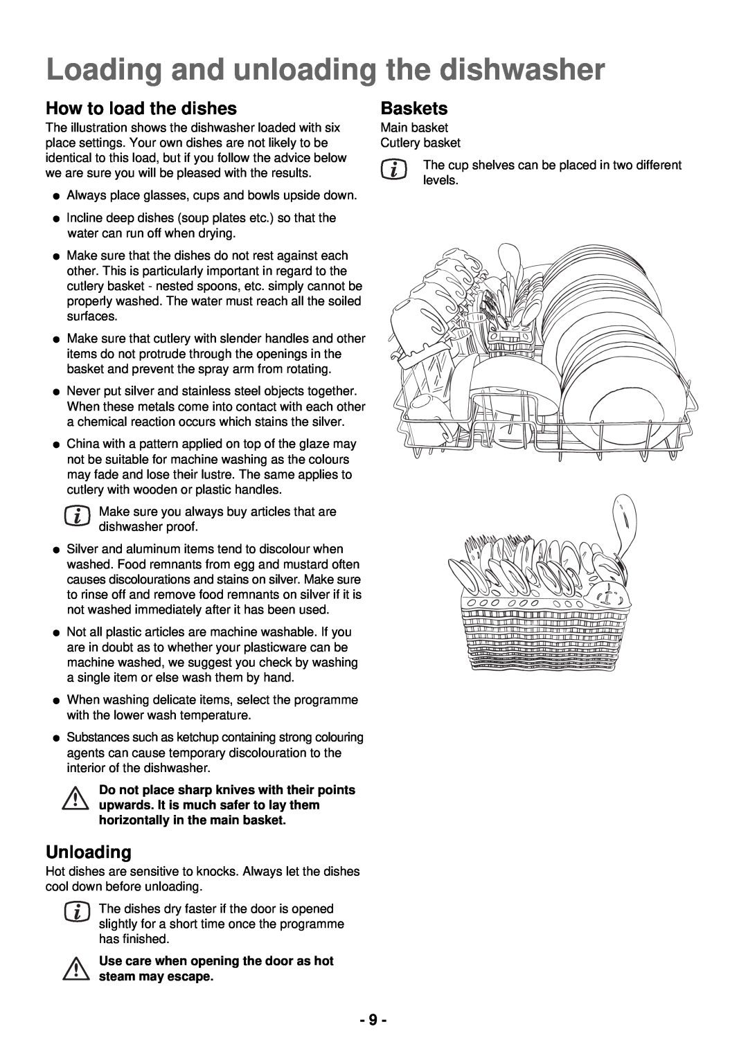 Electrolux ESL 2435 manual Loading and unloading the dishwasher, How to load the dishes, Unloading, Baskets 