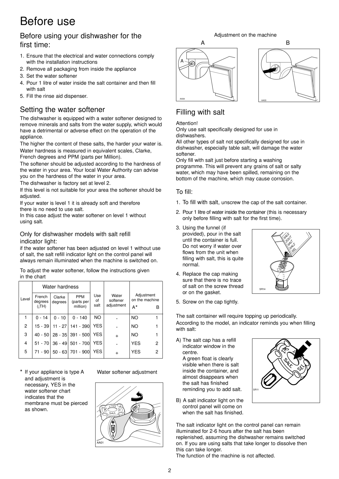 Electrolux ESL 4114 manual Before use, Before using your dishwasher for, First time, Setting the water softener 