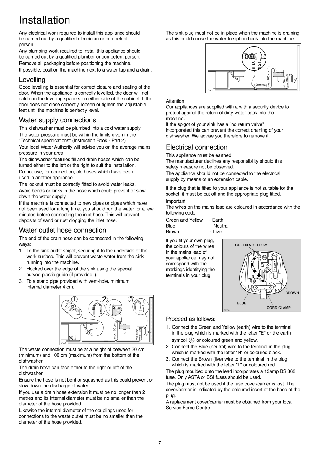 Electrolux ESL 4114 Installation, Levelling, Water supply connections, Electrical connection, Water outlet hose connection 