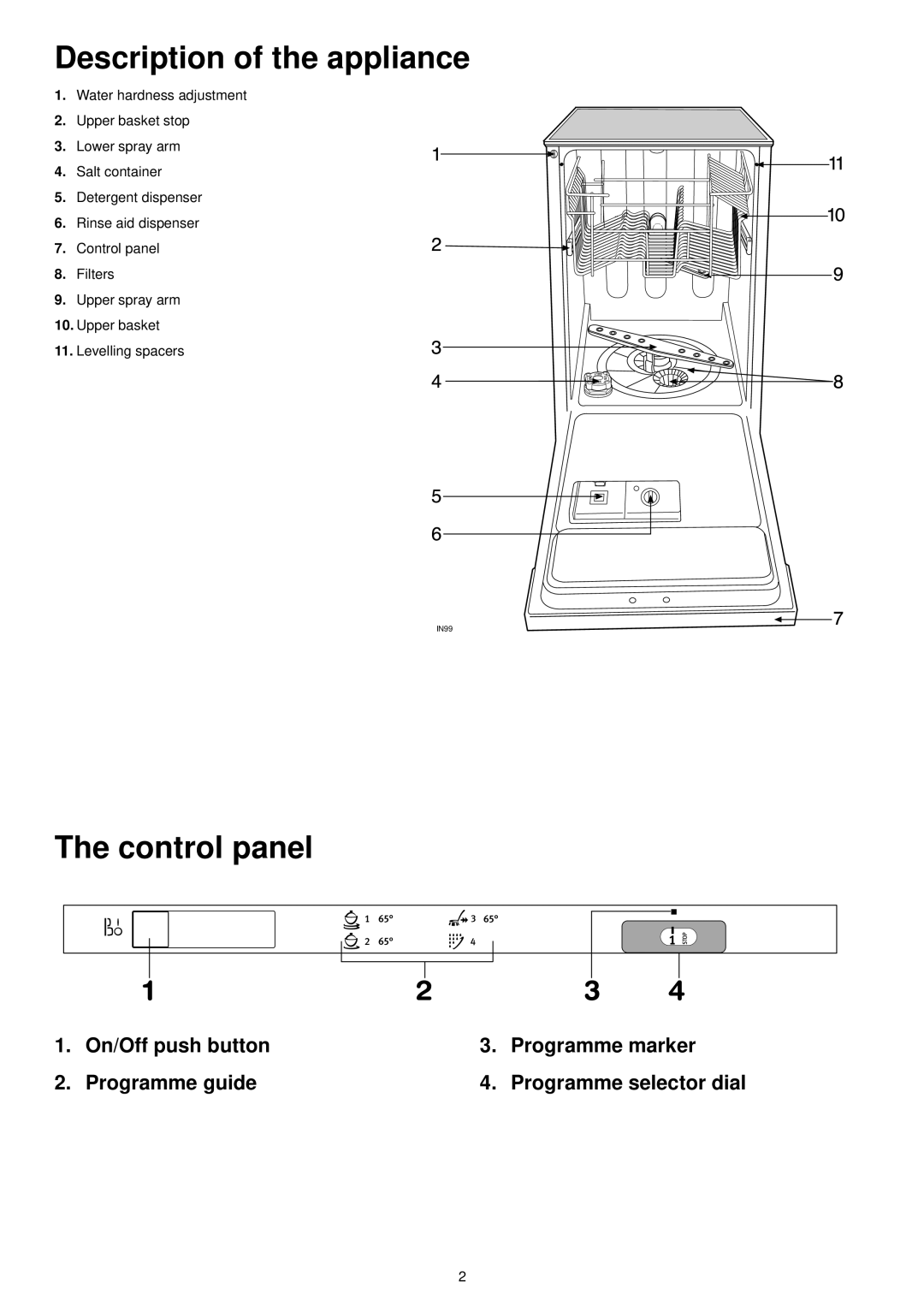 Electrolux ESL 4114 manual Description of the appliance, Control panel, On/Off push button Programme guide 