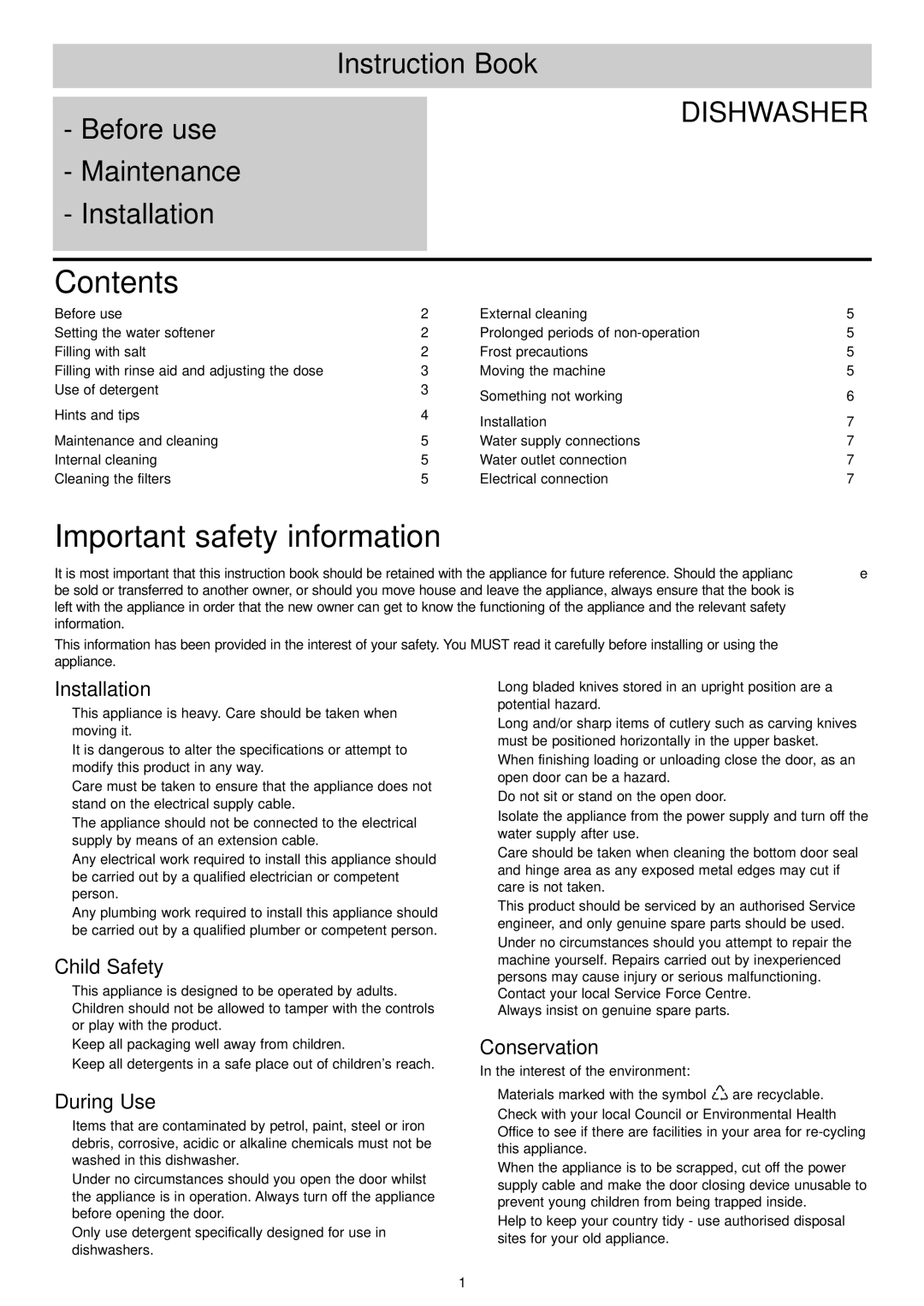 Electrolux ESL 4114 manual Contents, Important safety information 