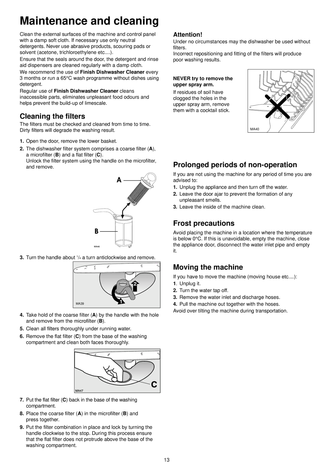 Electrolux ESL 4115 Maintenance and cleaning, Cleaning the filters, Prolonged periods of non-operation, Frost precautions 