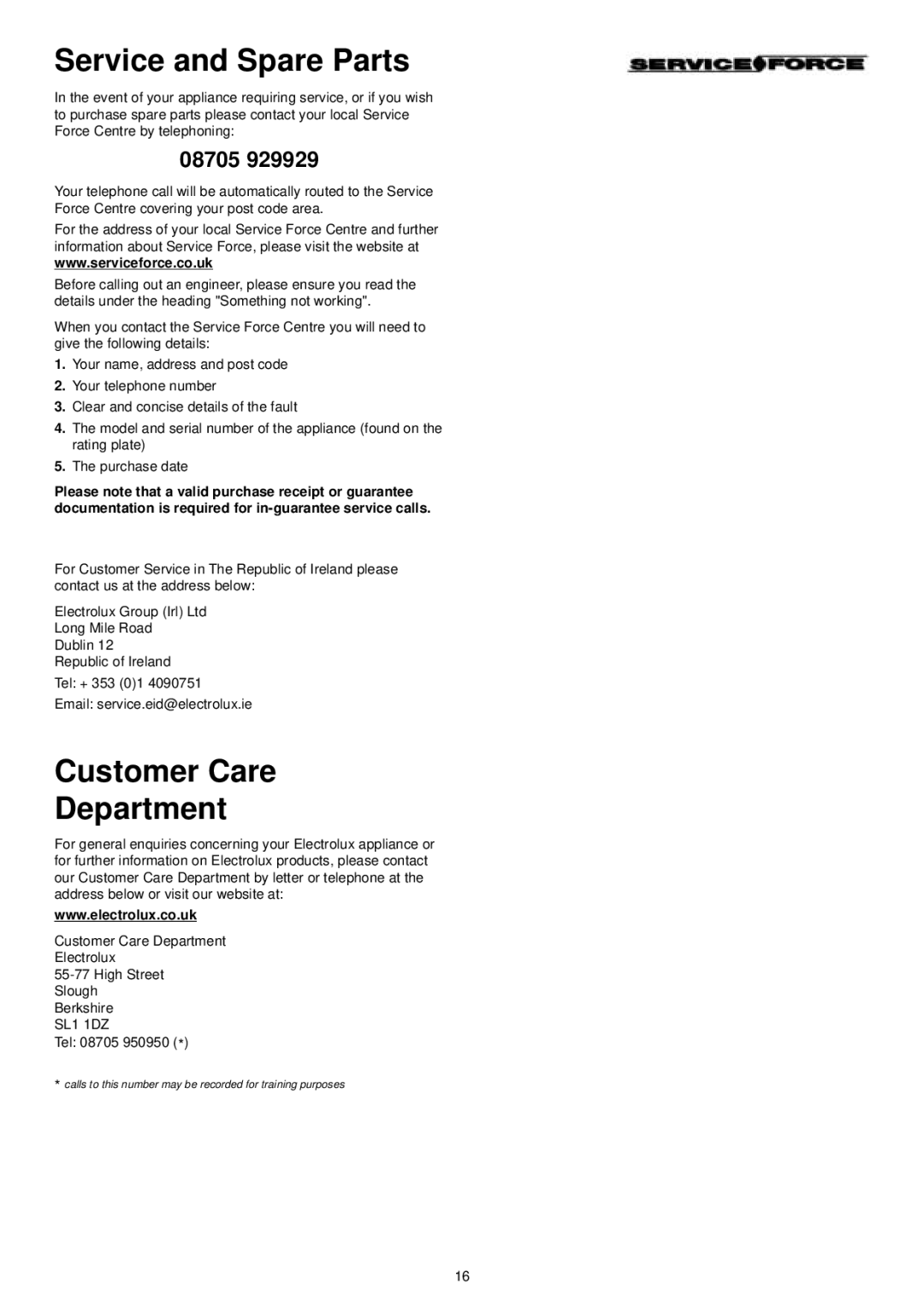 Electrolux ESL 4115 manual Service and Spare Parts, Customer Care Department 