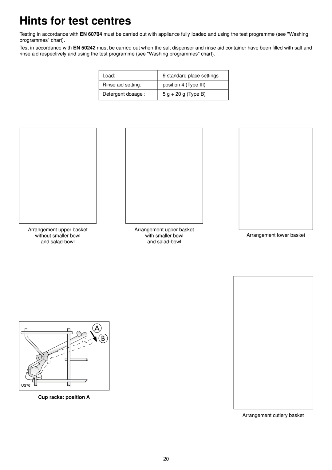 Electrolux ESL 4115 manual Hints for test centres, Cup racks position a 