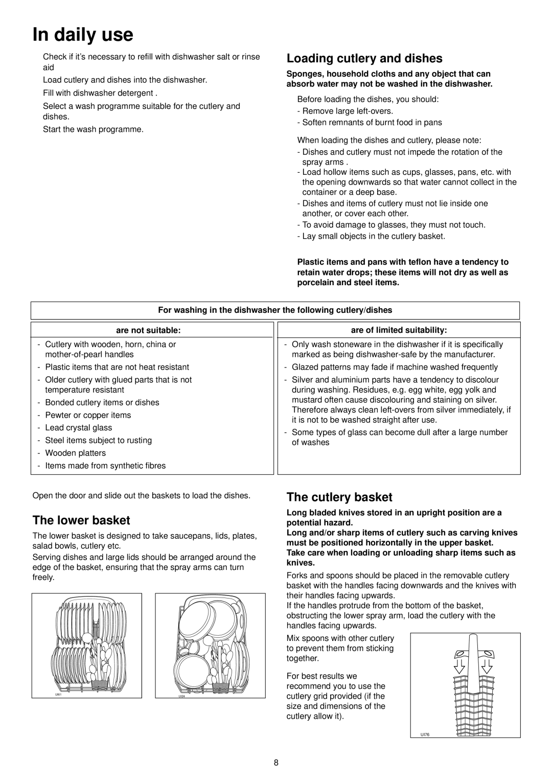 Electrolux ESL 4115 manual Daily use, Loading cutlery and dishes, Lower basket, Cutlery basket, Are of limited suitability 