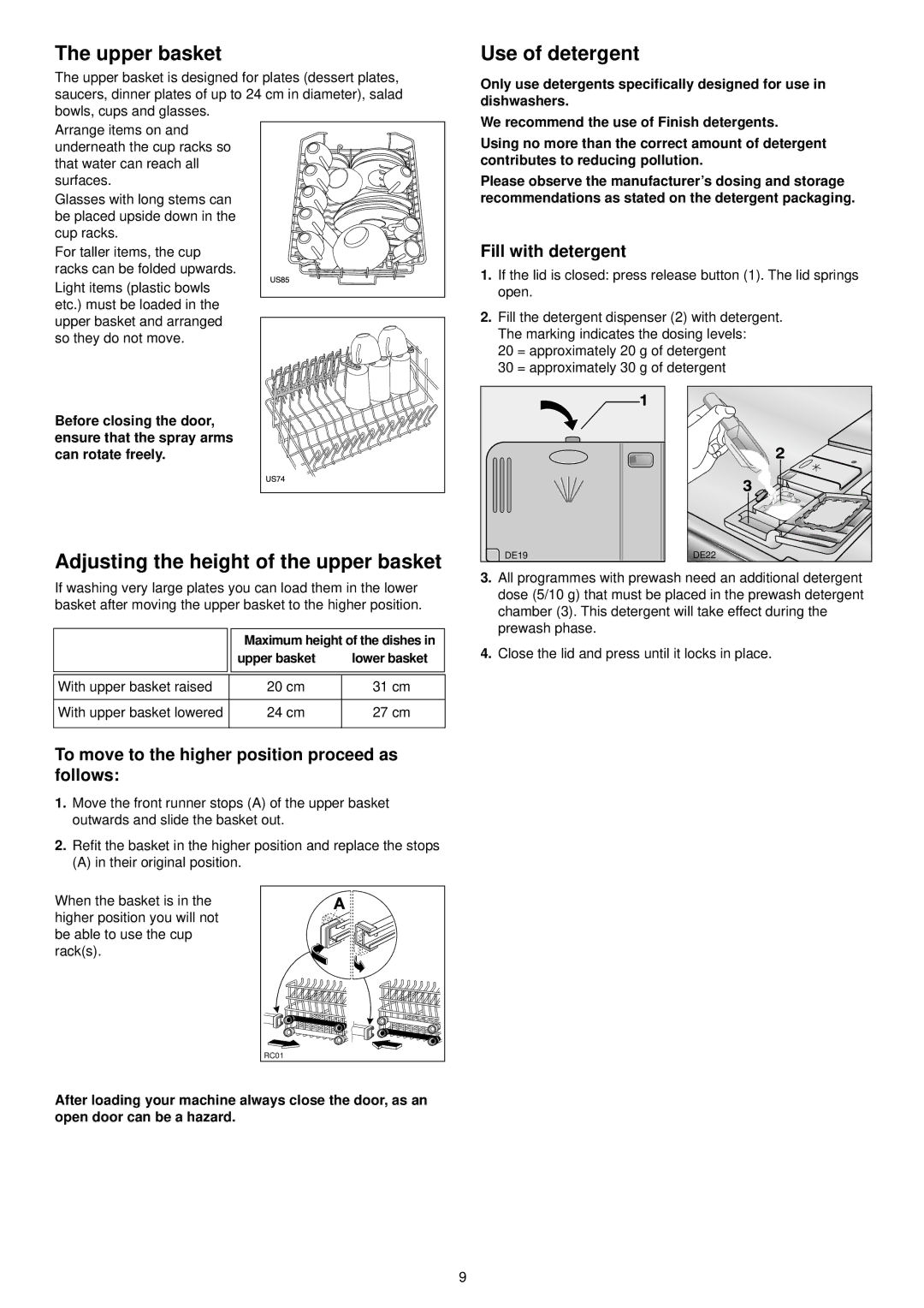 Electrolux ESL 4115 manual Upper basket, Adjusting the height of the upper basket, Use of detergent, Fill with detergent 