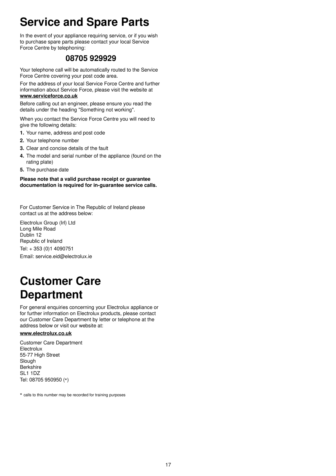 Electrolux ESL 4126 manual Service and Spare Parts, Customer Care Department 