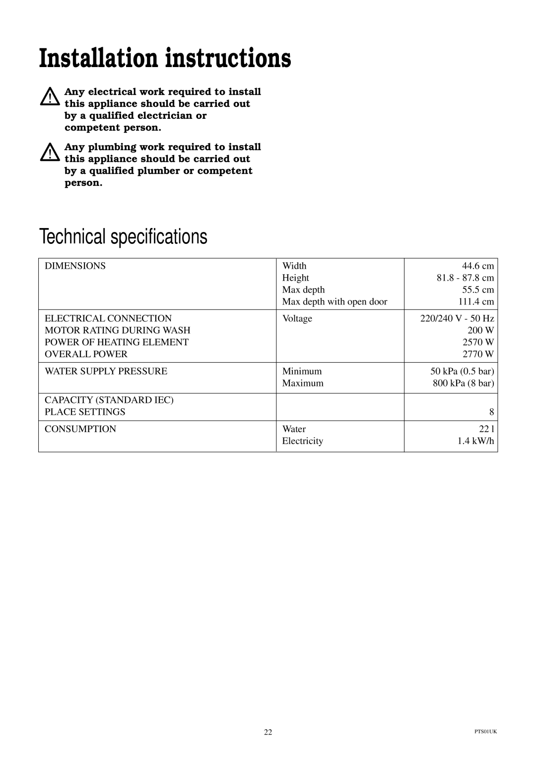 Electrolux ESL 414 manual Installation instructions, Technical specifications 