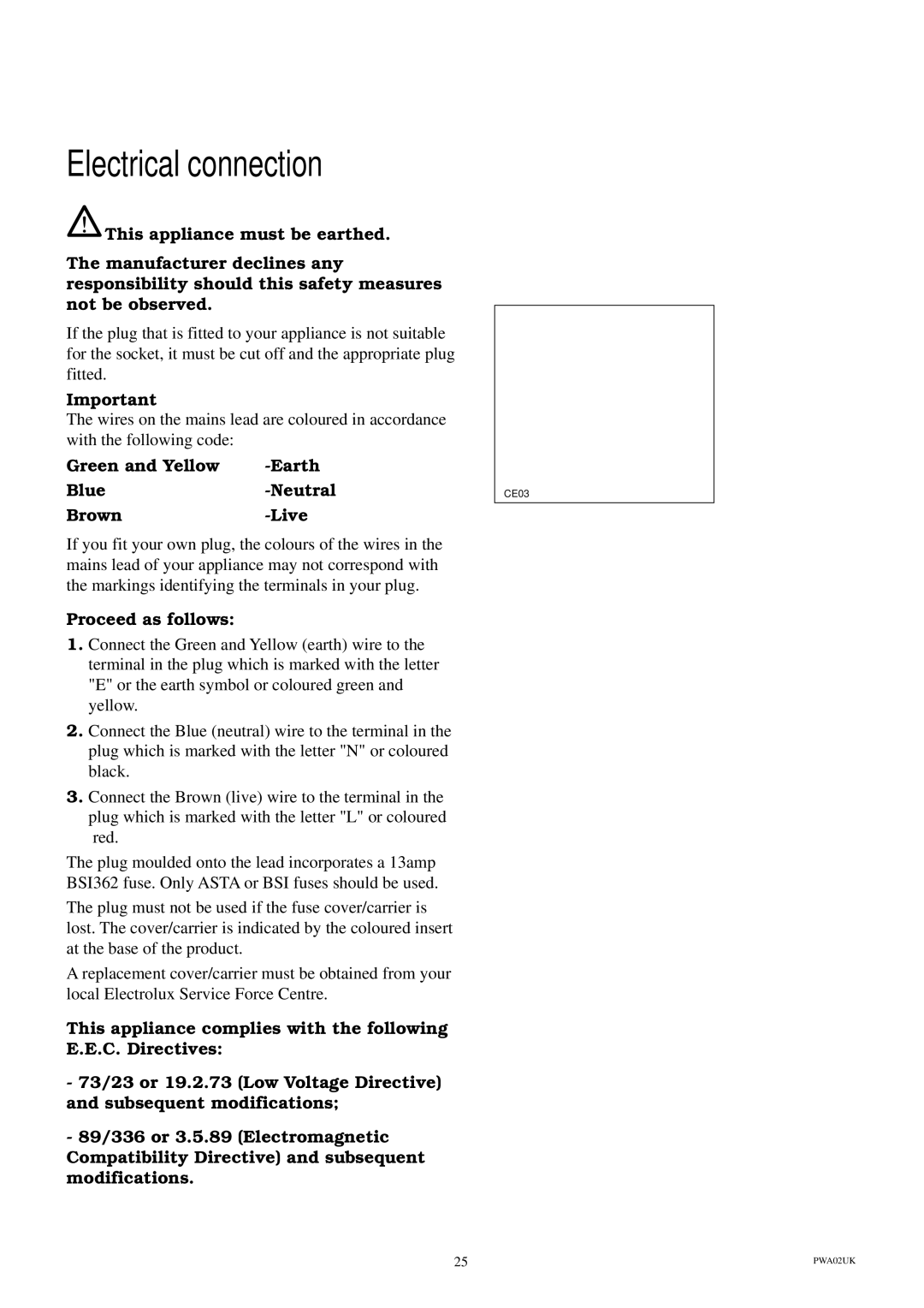 Electrolux ESL 414 manual Electrical connection, Green and Yellow Earth Blue Neutral Brown Live, Proceed as follows 