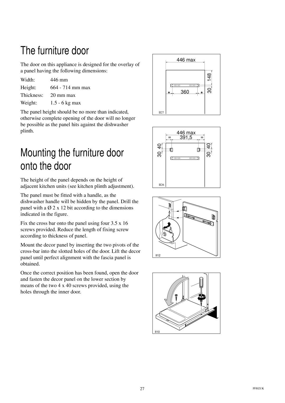 Electrolux ESL 414 manual Furniture door, Mounting the furniture door onto the door 