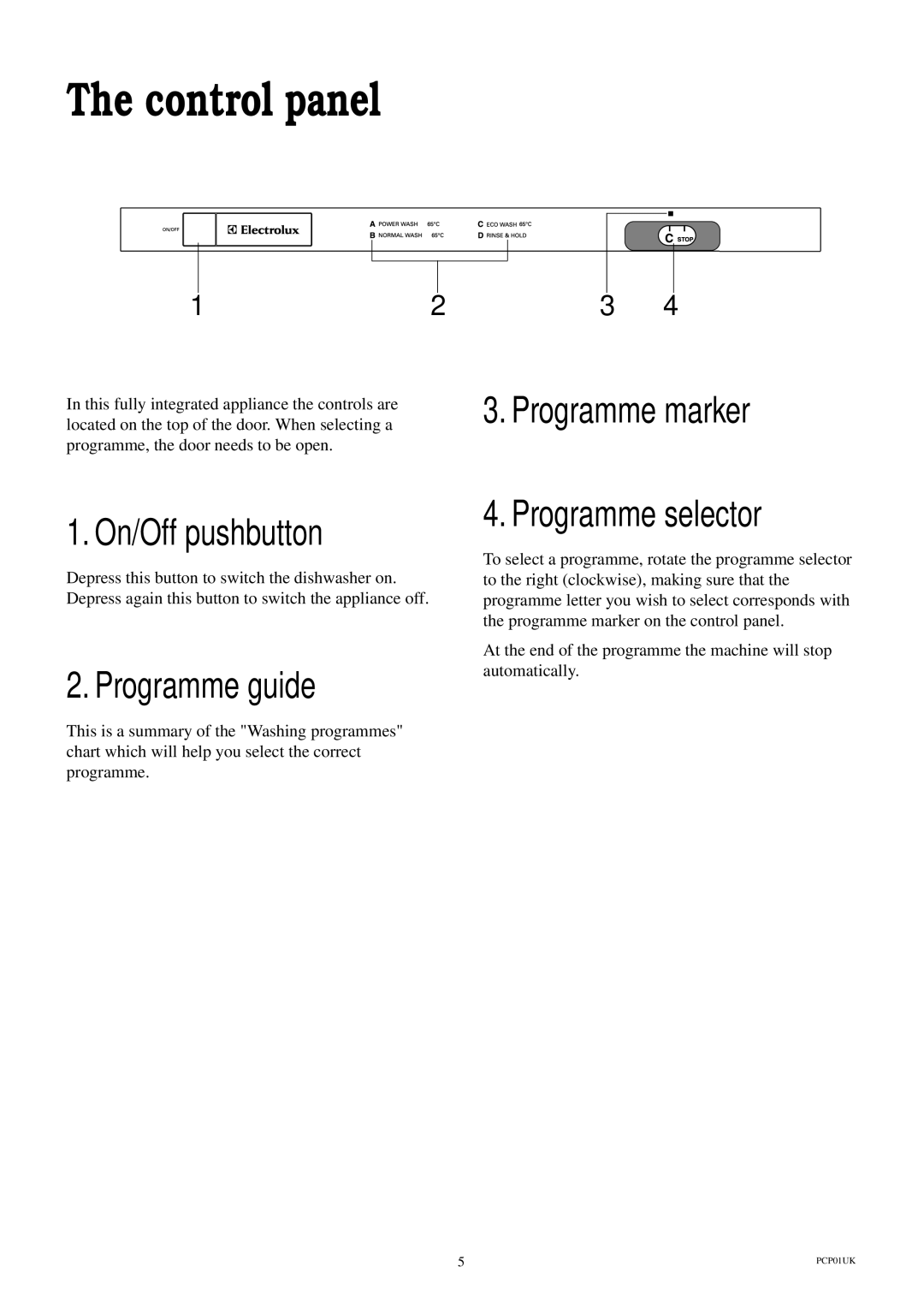 Electrolux ESL 414 manual Control panel, On/Off pushbutton, Programme guide, Programme marker Programme selector 