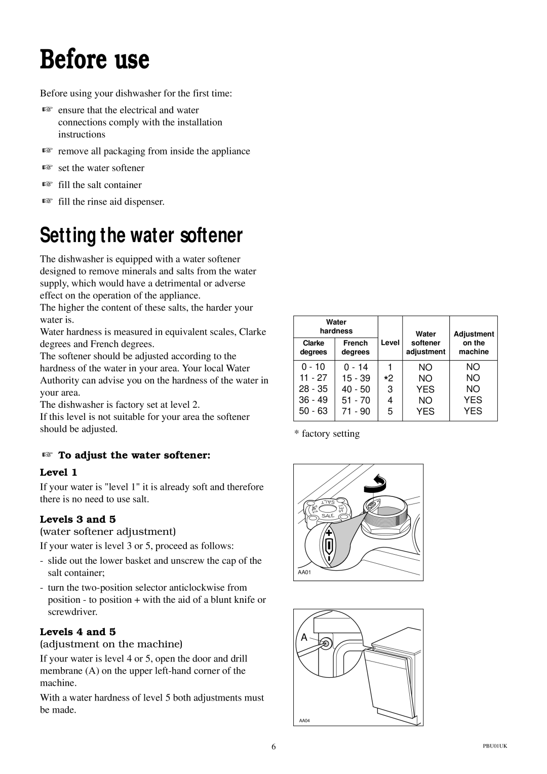 Electrolux ESL 414 manual Before use, To adjust the water softener Level, Levels 3, Levels 4 