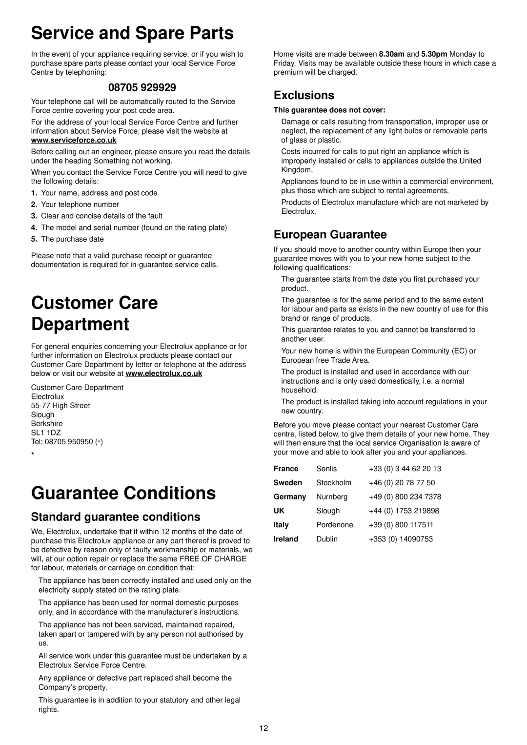 Electrolux ESL 424 manual Service and Spare Parts, Customer Care Department, Guarantee Conditions 