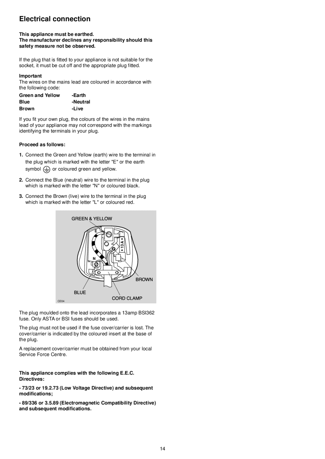 Electrolux ESL 424 manual Electrical connection 