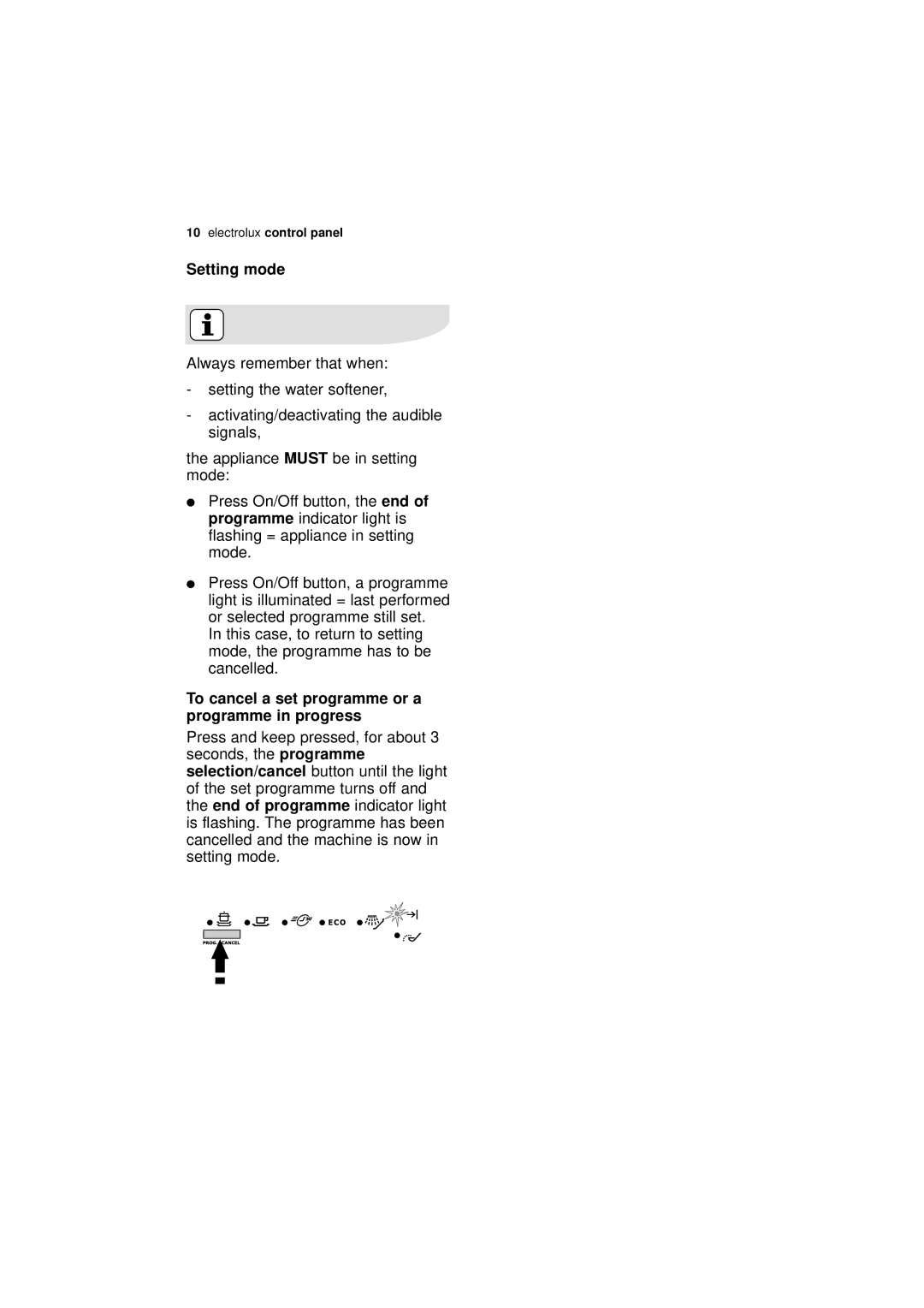 Electrolux ESL 43010 user manual Setting mode, Selection/cancel 