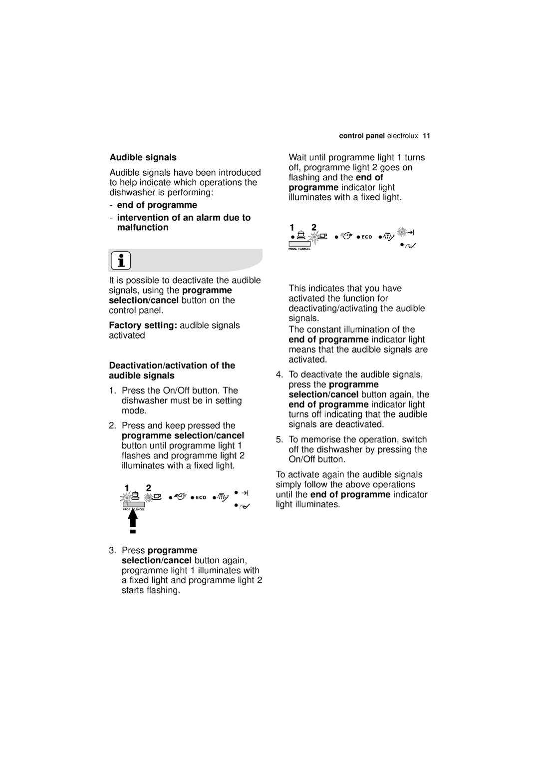 Electrolux ESL 43010 user manual Audible signals, End of programme, Press programme Selection/cancel button again 