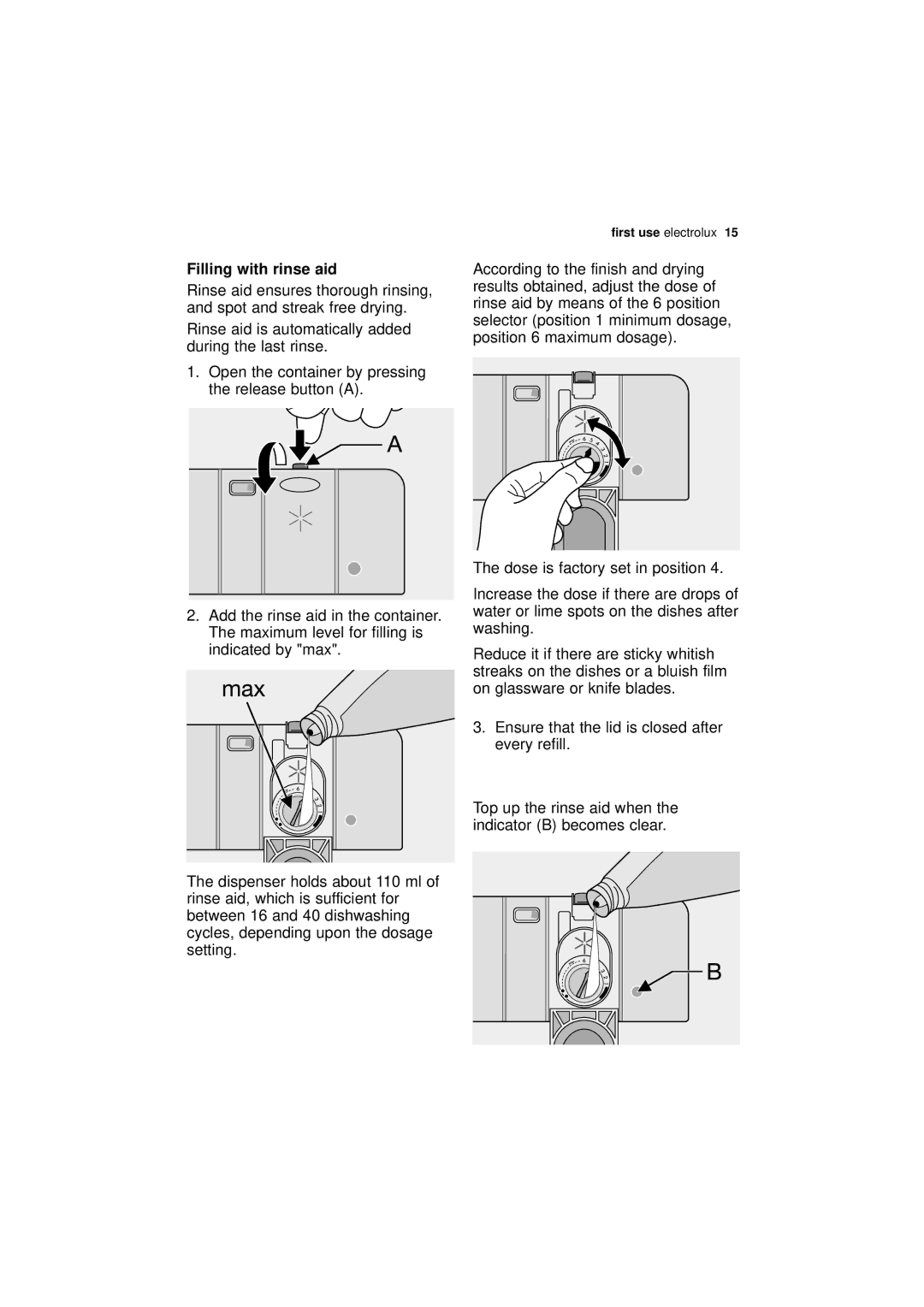 Electrolux ESL 43010 user manual Filling with rinse aid 