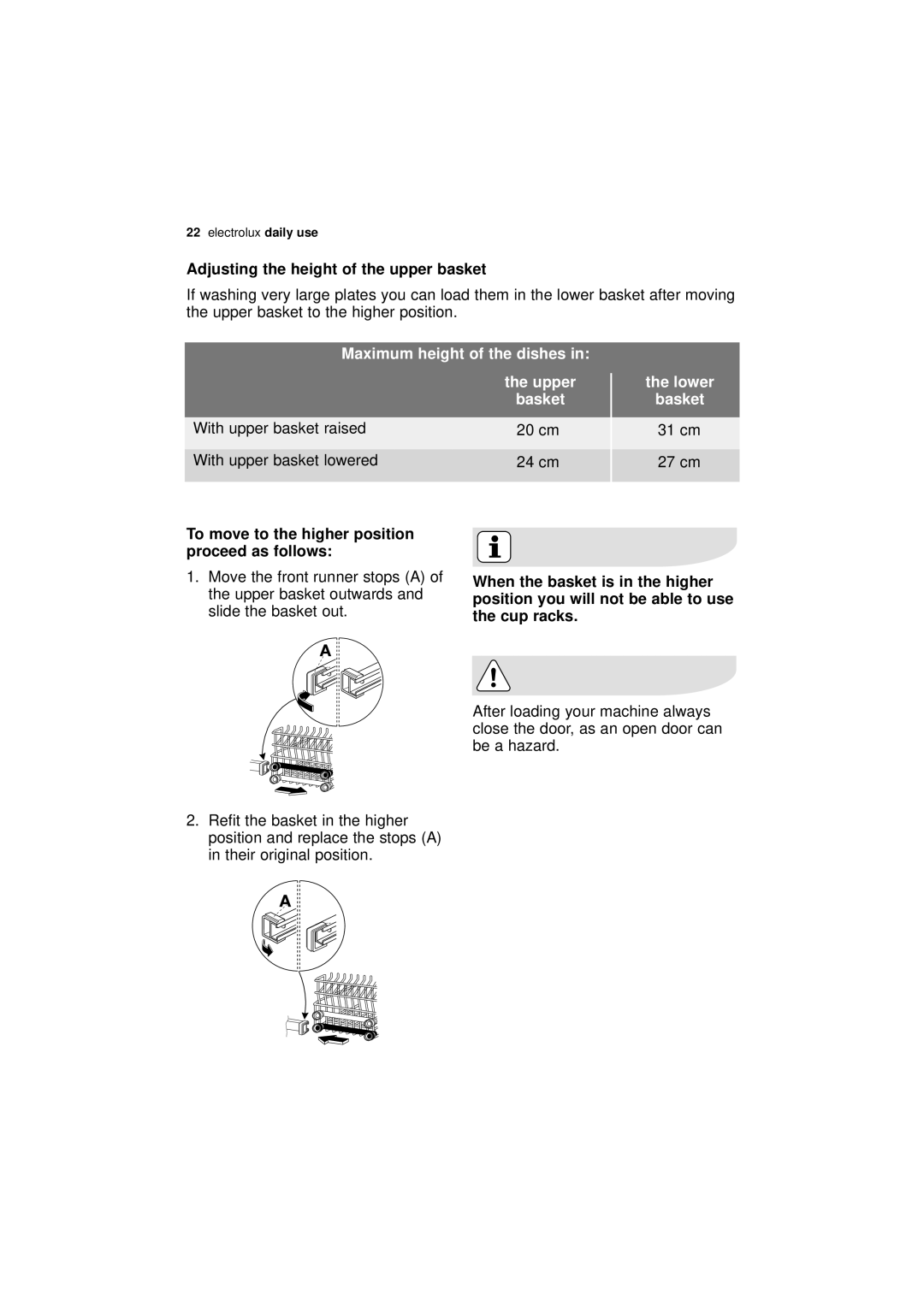 Electrolux ESL 43010 user manual Adjusting the height of the upper basket 