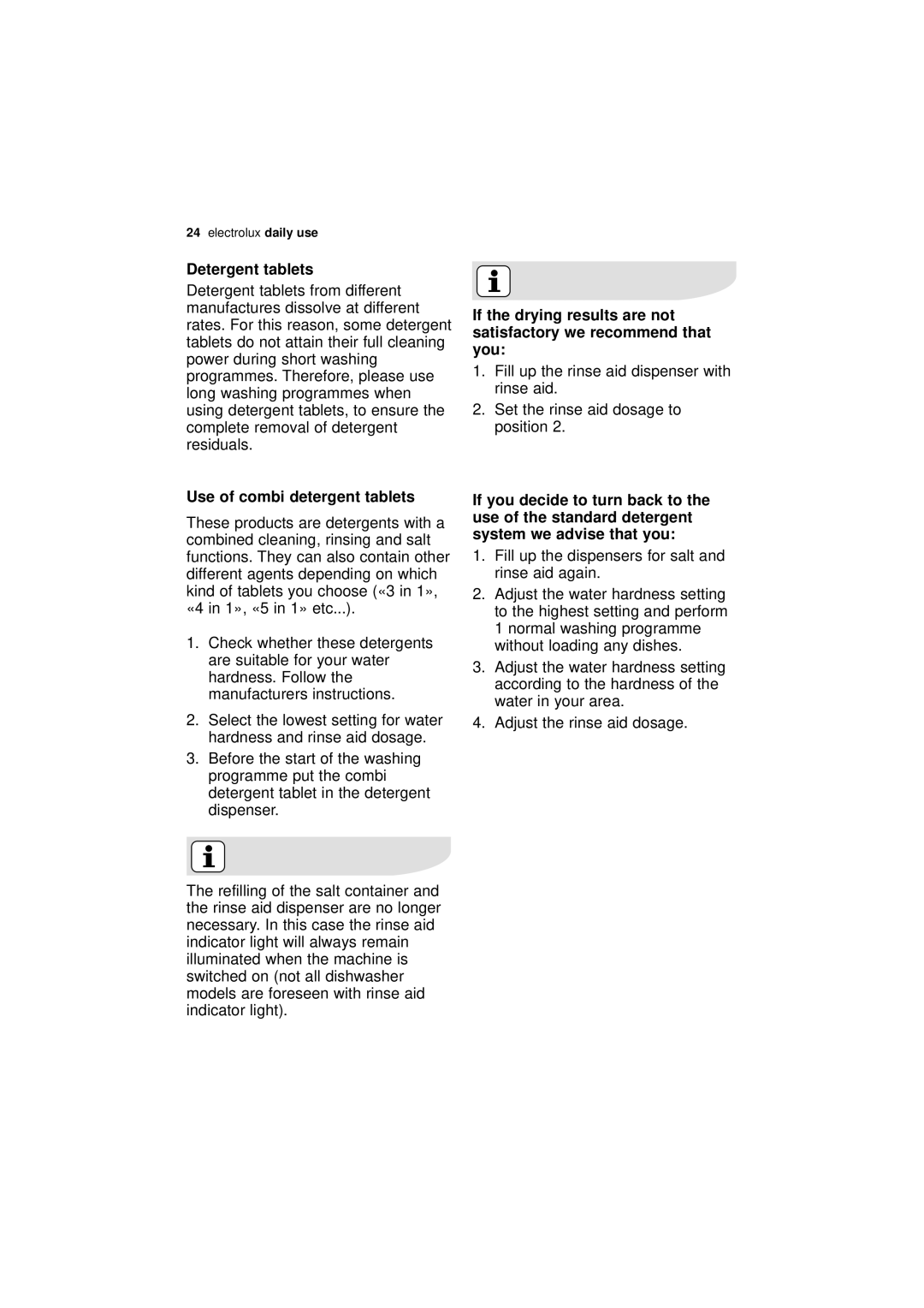 Electrolux ESL 43010 user manual Use of combi detergent tablets 